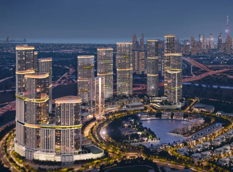 Nine Elms Residences with Big Ben and Westminster in view at dusk